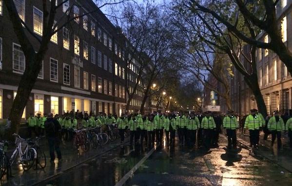 Police on the move outside University of London Union, 5 December 2013